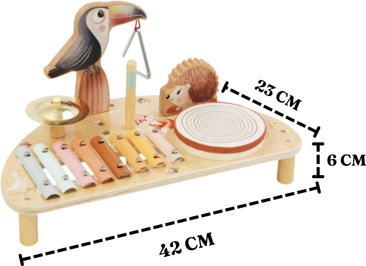 Beebie Babbels - Muziektafel – Muziek Speelgoed - Houten Speelgoed - Speelgoedinstrumenten - Muziekspeelgoed 1 jaar - Met Xylofoon, Triangel en Trommel — afbeelding 7