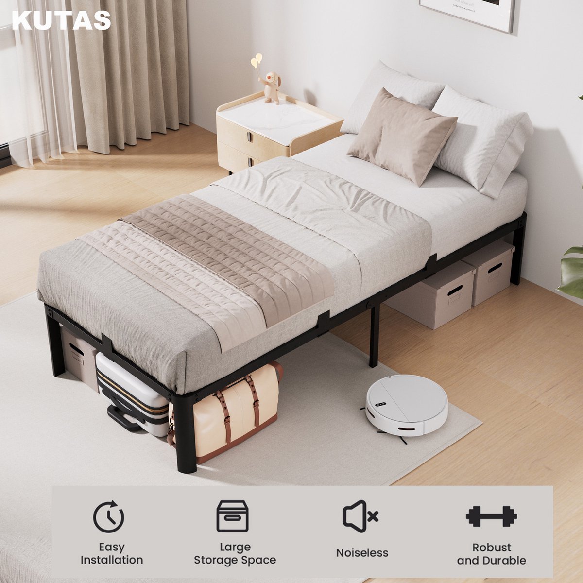 KUTAS® Metalen Bedframe - Metalen bed 90x200 cm - Eenpersoonsbed - IJzeren Bed - Grote Opbergruimte - Stevig - Stil - Anti Slip - Draagkracht 350 kg