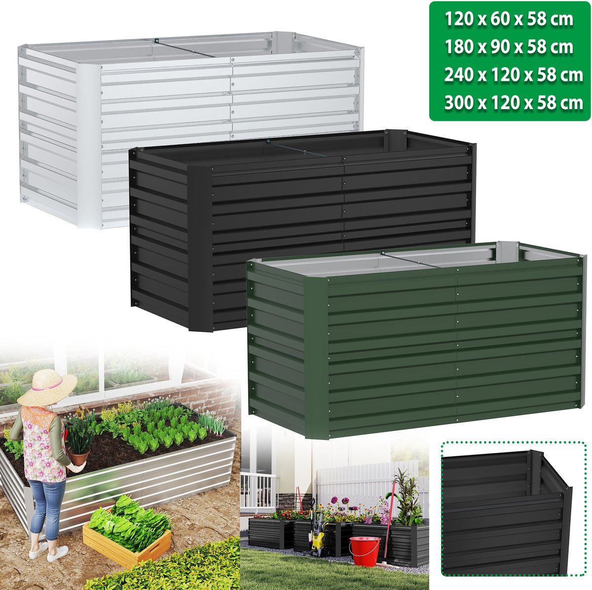 Froadp 240x120x58cm Verhoogde plantenbak Gegalvaniseerd staal Groentebed Kruidenbed Plantenkist Koude bak Verhoogde plantenbakken-set Plantenbed Groentebed Bloembak voor bloembed, tuin en terras Rechthoekig-groen