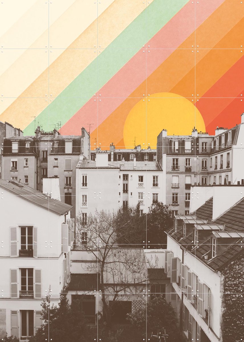 IXXI Rainbow Sky above Paris, Florent Bodart - 100 x 140 cm - Gratis ophangtool - Grote wanddecoratie en posters - Vintage, Illustraties, Kleurrijk