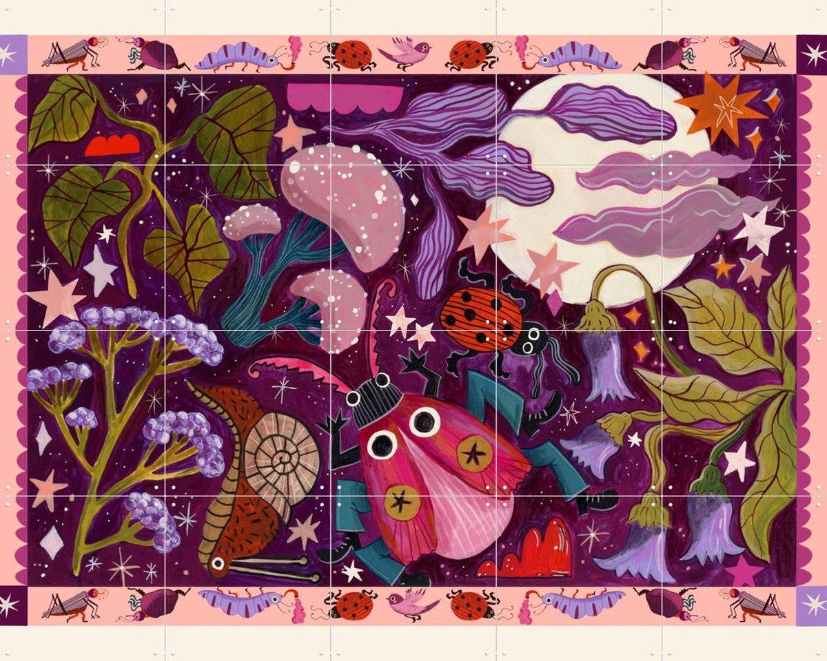 IXXI Moonlight Garden, Lena Addink - 100 x 80 cm - Gratis ophangtool - Grote wanddecoratie en posters - Gemengde Technieken, Speels, Cartoonesk