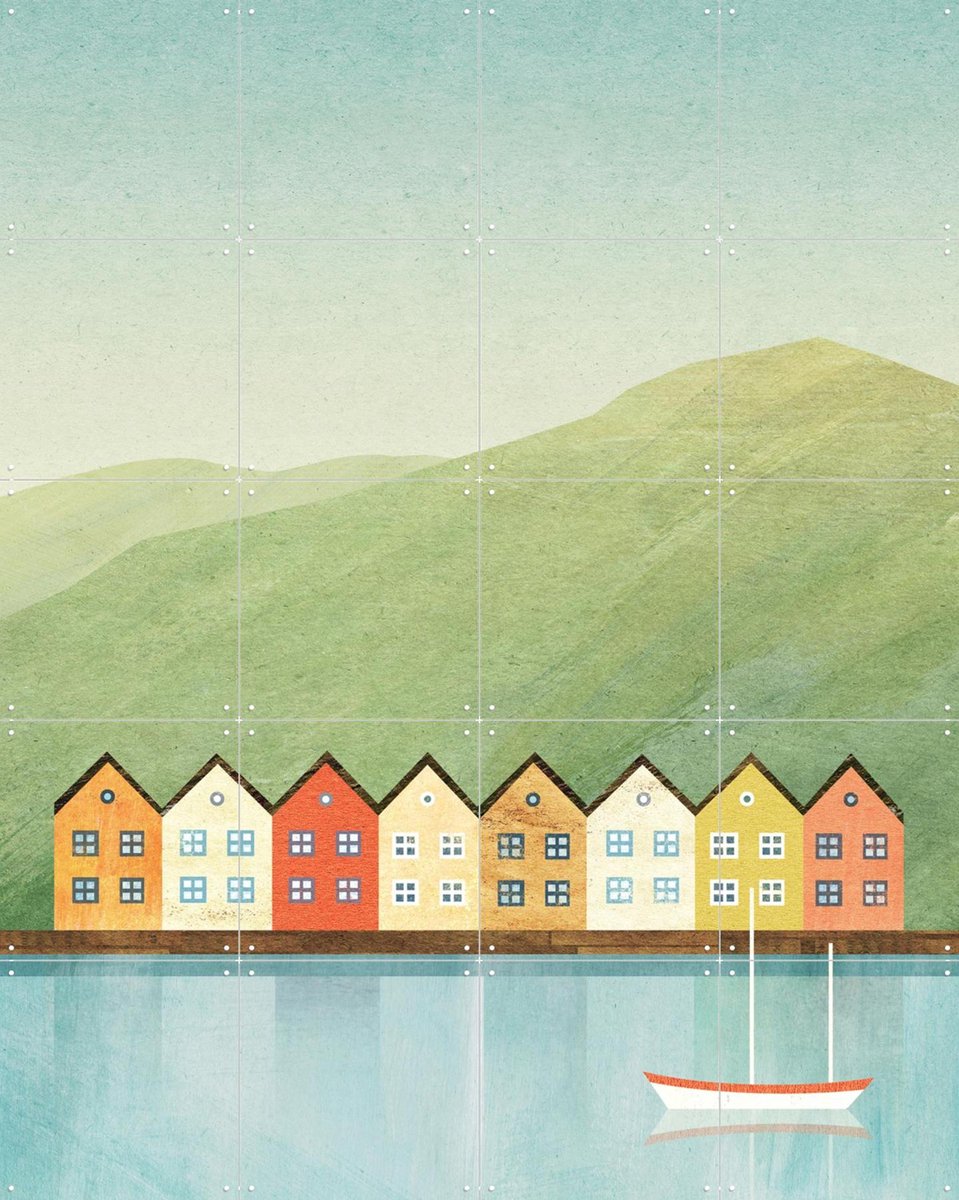 IXXI Colorful Houses - Bergen, Henry Rivers - 80 x 100 cm - Gratis ophangtool - Grote wanddecoratie en posters - Illustraties, Minimalisme, Kleurrijk
