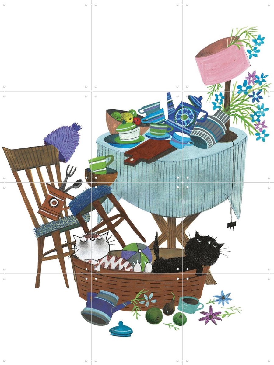 IXXI Pim & Pom onder de tafel, Fiep Westendorp - 60 x 80 cm - Gratis ophangtool - Grote wanddecoratie en posters - Fantasierijk, Kleurrijk