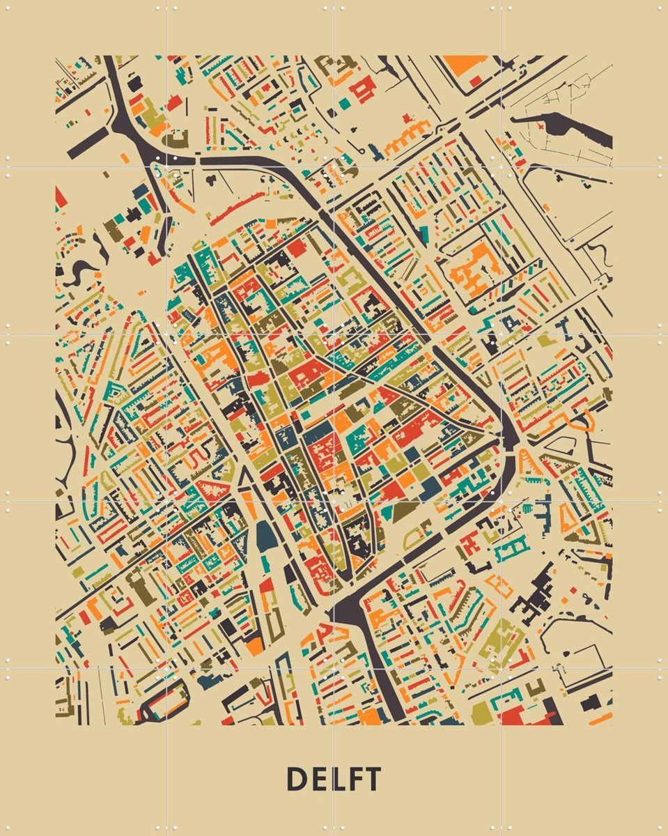 IXXI Delft Mosaic Map, Kunst in Kaart - 80 x 100 cm - Gratis ophangtool - Grote wanddecoratie en posters - Digitale Kunst, Geometrische Kunst