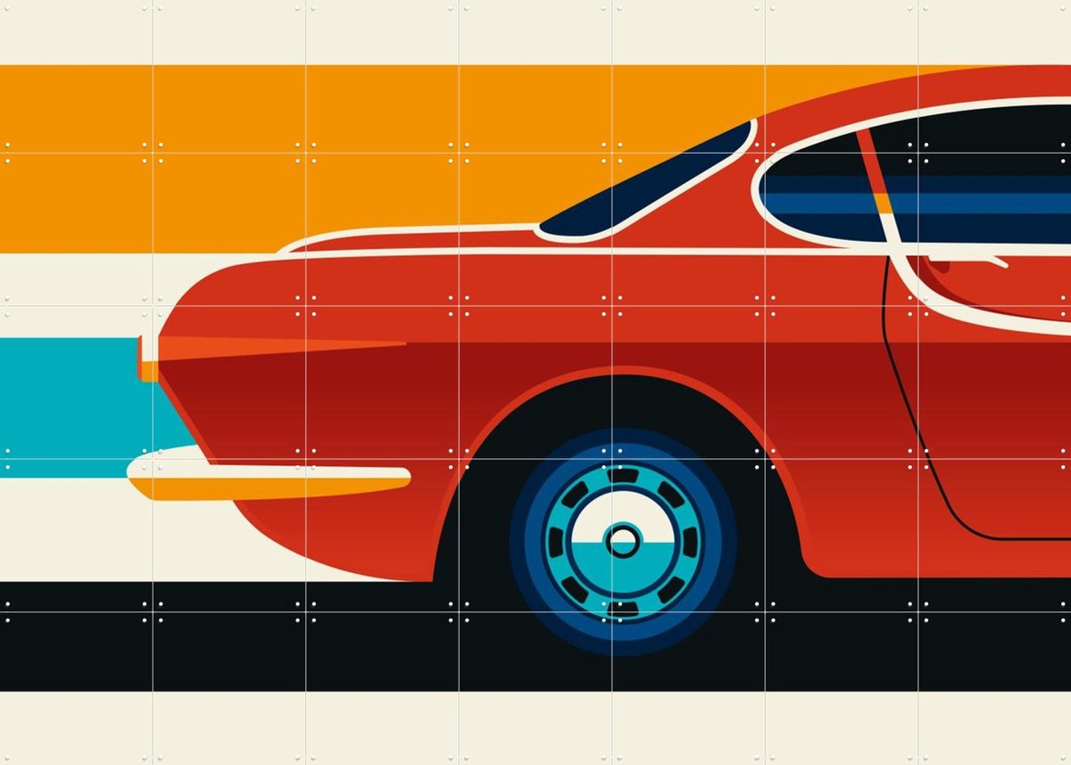 IXXI Red Vintage Sports Car Back, Bo Lundberg - 140 x 100 cm - Gratis ophangtool - Grote wanddecoratie en posters - Kleurrijk, Vintage, Illustraties