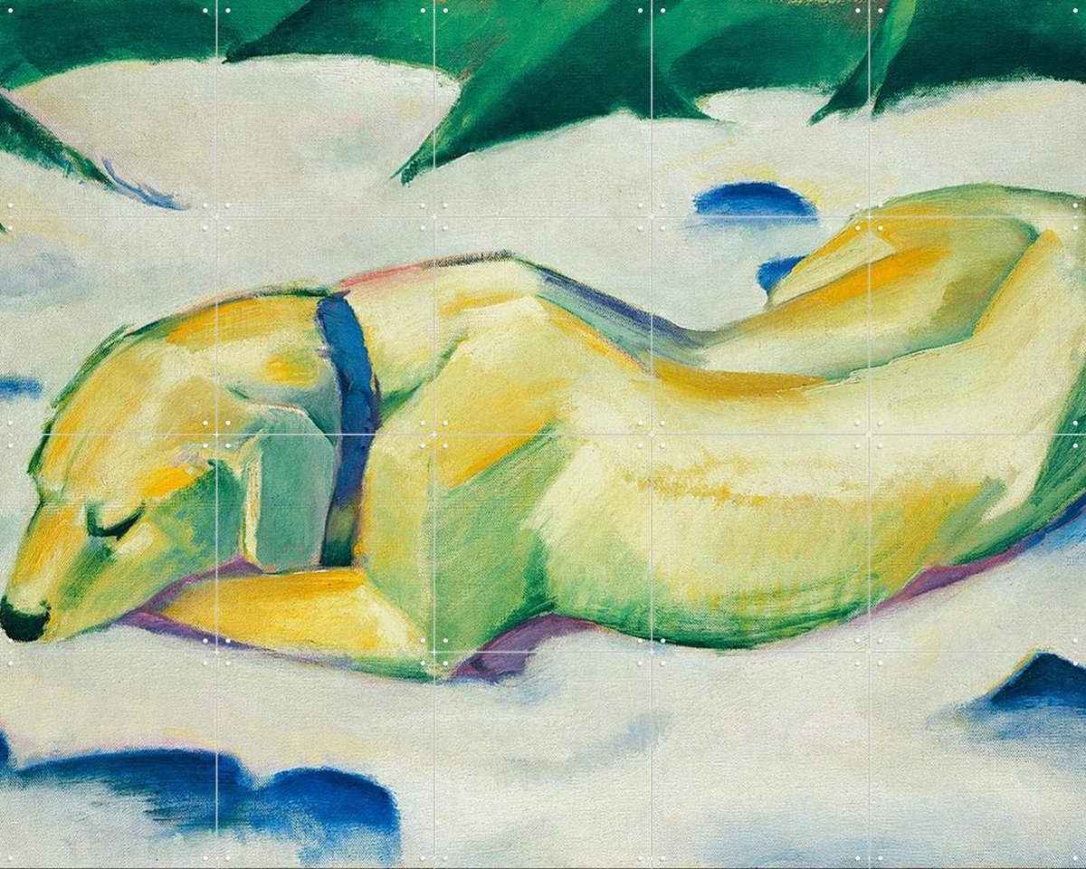 IXXI Dog lying in the Snow 1911, Franz Marc & Bridgeman Images - 100 x 80 cm - Gratis ophangtool - Grote wanddecoratie en posters - Kleurrijk