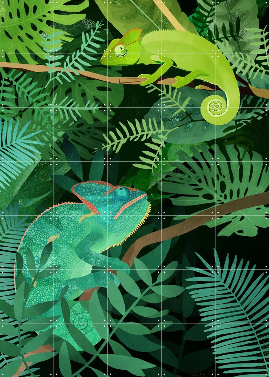 IXXI Chameleons, Goed Blauw - 100 x 140 cm - Gratis ophangtool - Grote wanddecoratie en posters - Digitale Kunst, Illustraties, Speels, Woonkamer