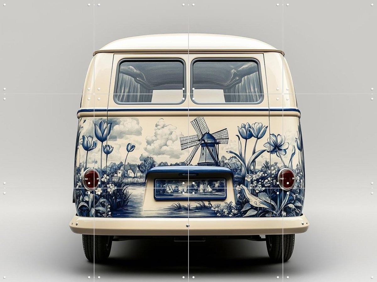 IXXI Delfts Blauwe VW Bus 2, Margriet Hulsker - 80 x 60 cm - Gratis ophangtool - Grote wanddecoratie en posters - Vintage, Illustraties, Woonkamer