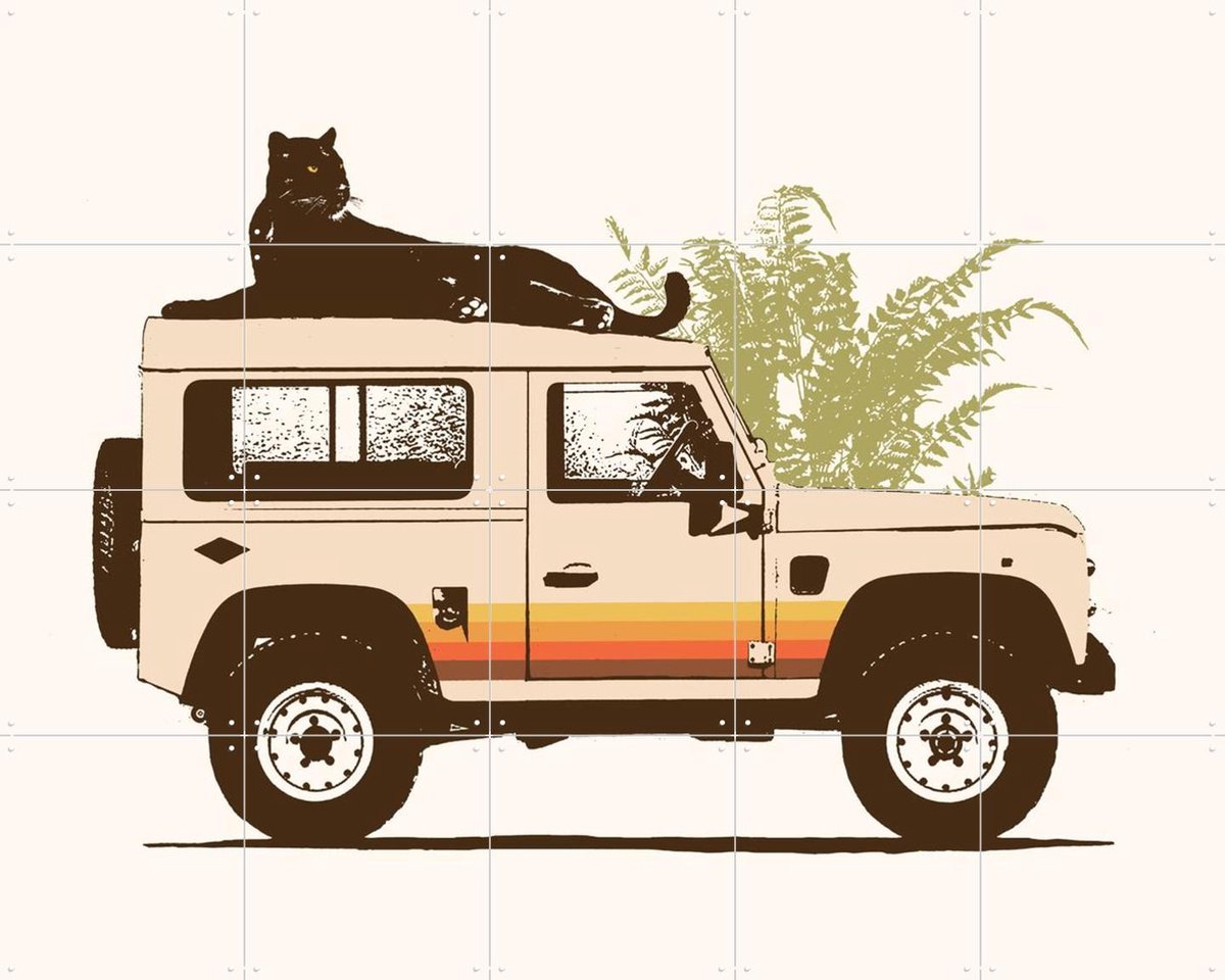 IXXI Black panther on car, Florent Bodart - 100 x 80 cm - Gratis ophangtool - Grote wanddecoratie en posters - Grafisch Ontwerp, Vintage, Speels, Art