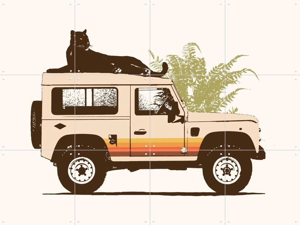 IXXI Black panther on car, Florent Bodart - 80 x 60 cm - Gratis ophangtool - Grote wanddecoratie en posters - Grafisch Ontwerp, Vintage, Speels, Art
