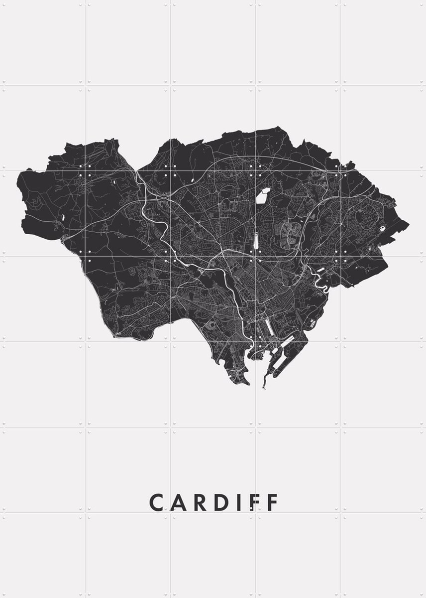 IXXI Cardiff City Map, Kunst in Kaart - 100 x 140 cm - Gratis ophangtool - Grote wanddecoratie en posters - Minimalisme, Technische Tekening, Grafisch