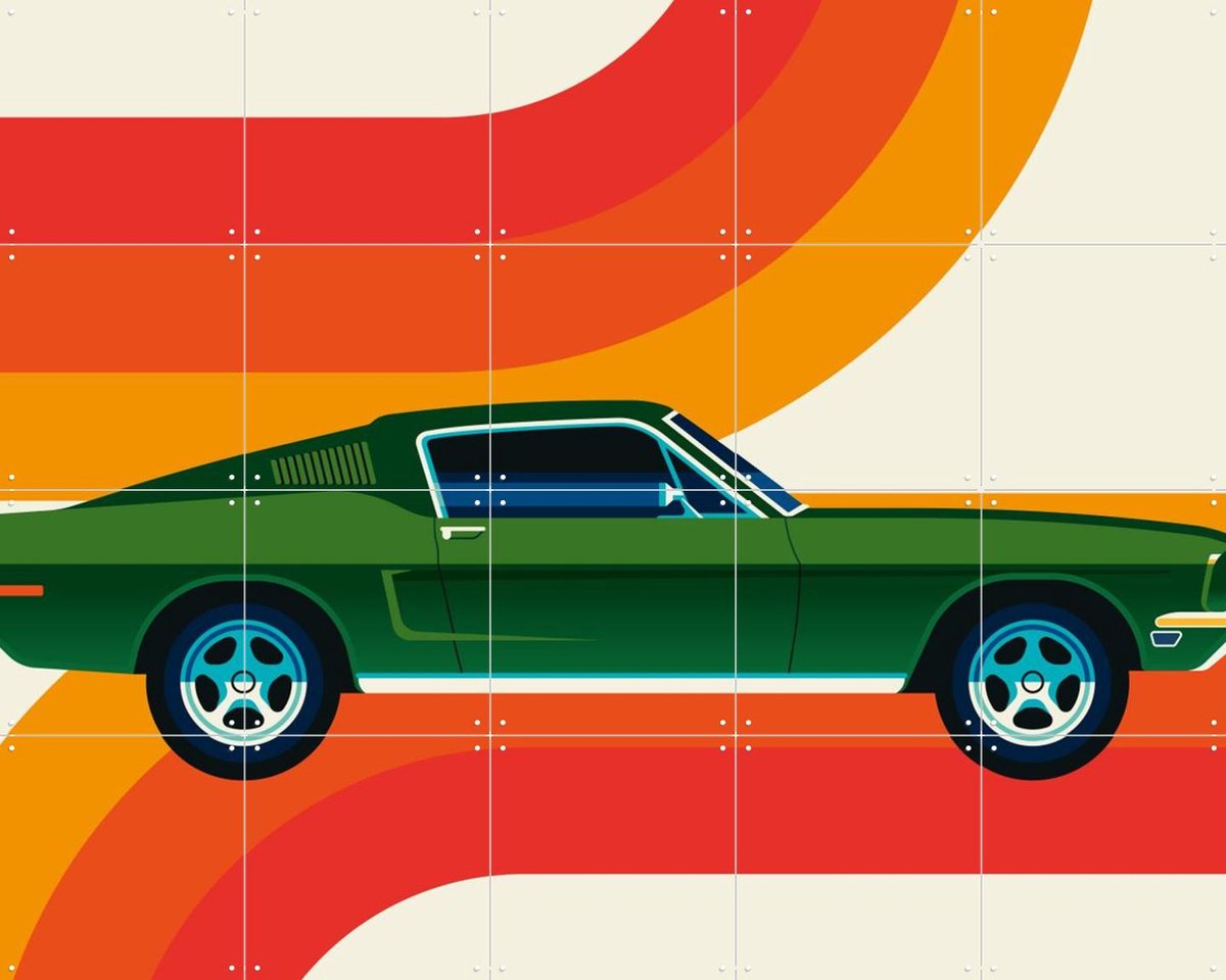 IXXI Green Vintage Sports Car with Stripes, Bo Lundberg - 100 x 80 cm - Gratis ophangtool - Grote wanddecoratie en posters - Retro, Grafisch Ontwerp