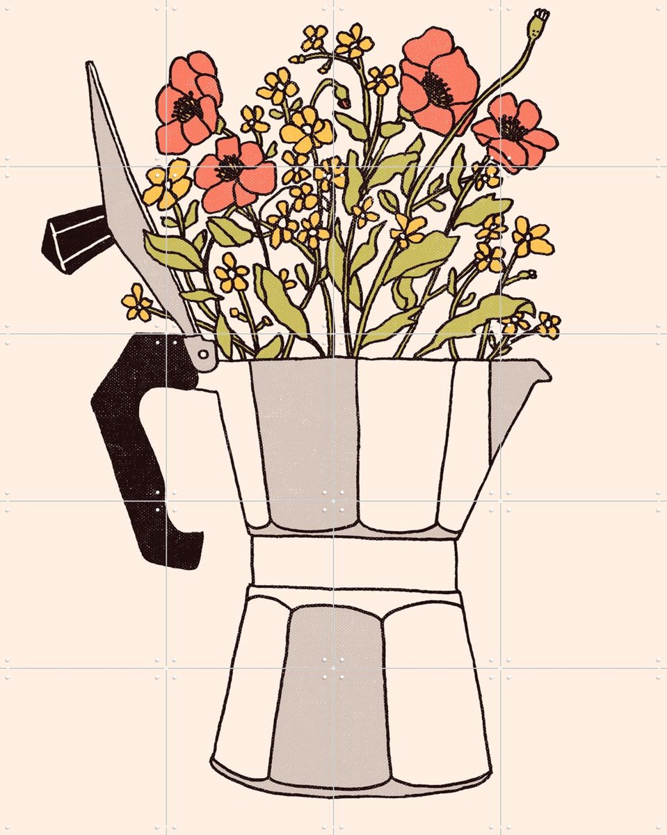 IXXI Moka Flowers Color, Florent Bodart - 80 x 100 cm - Gratis ophangtool - Grote wanddecoratie en posters - Vintage, Line art, Speels, Klassiek