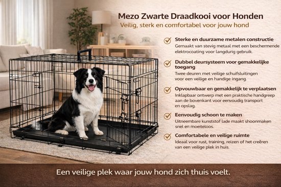 Zwarte draadkooi met Border Collie erin, binnen.