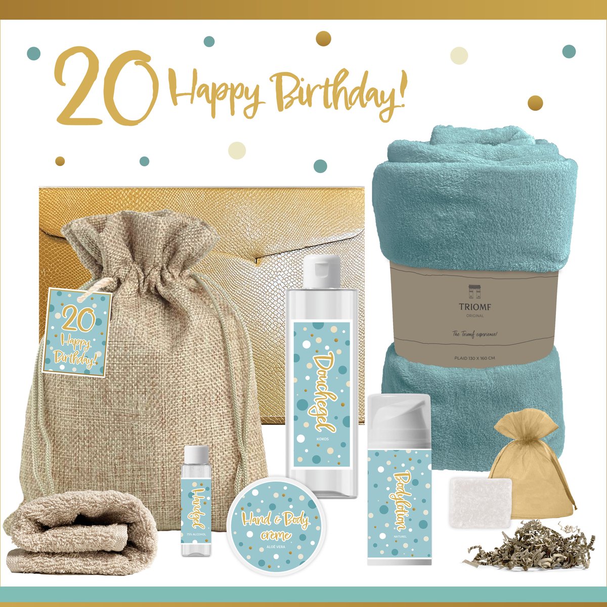 Geschenkset “20 Happy Birthday!” - 8 producten - 1210 gram - Triomf Cosmetica | Luxe Cadeaubox voor haar Wellness Pakket Meisje Giftset Party Cadeaupakket Twintig Jarige Verjaardag Gefeliciteerd Cadeau Speciaal Feestje Gift Set Turquoise