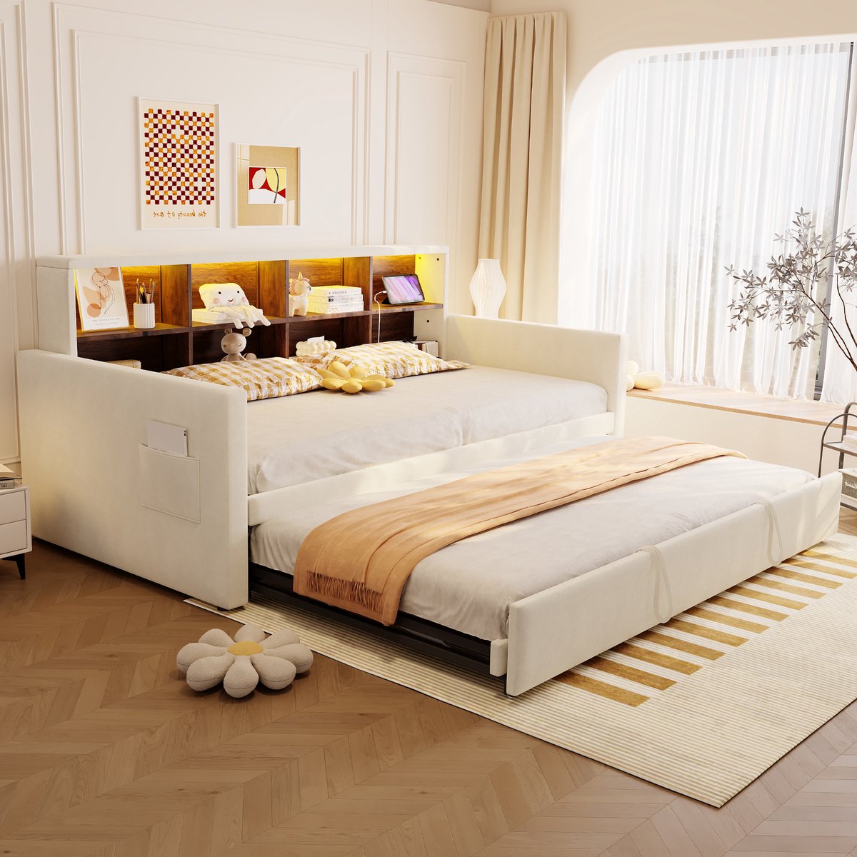 STILVORA Slaapbank 90x190 cm – Uittrekbaar Tot 180 cm Tweepersoonsbed – Hoofdbord Met Opbergvakken, Ledverlichting & Oplaadpoorten – Met Lattenbodem – Zonder matras – Fluweel – Beige