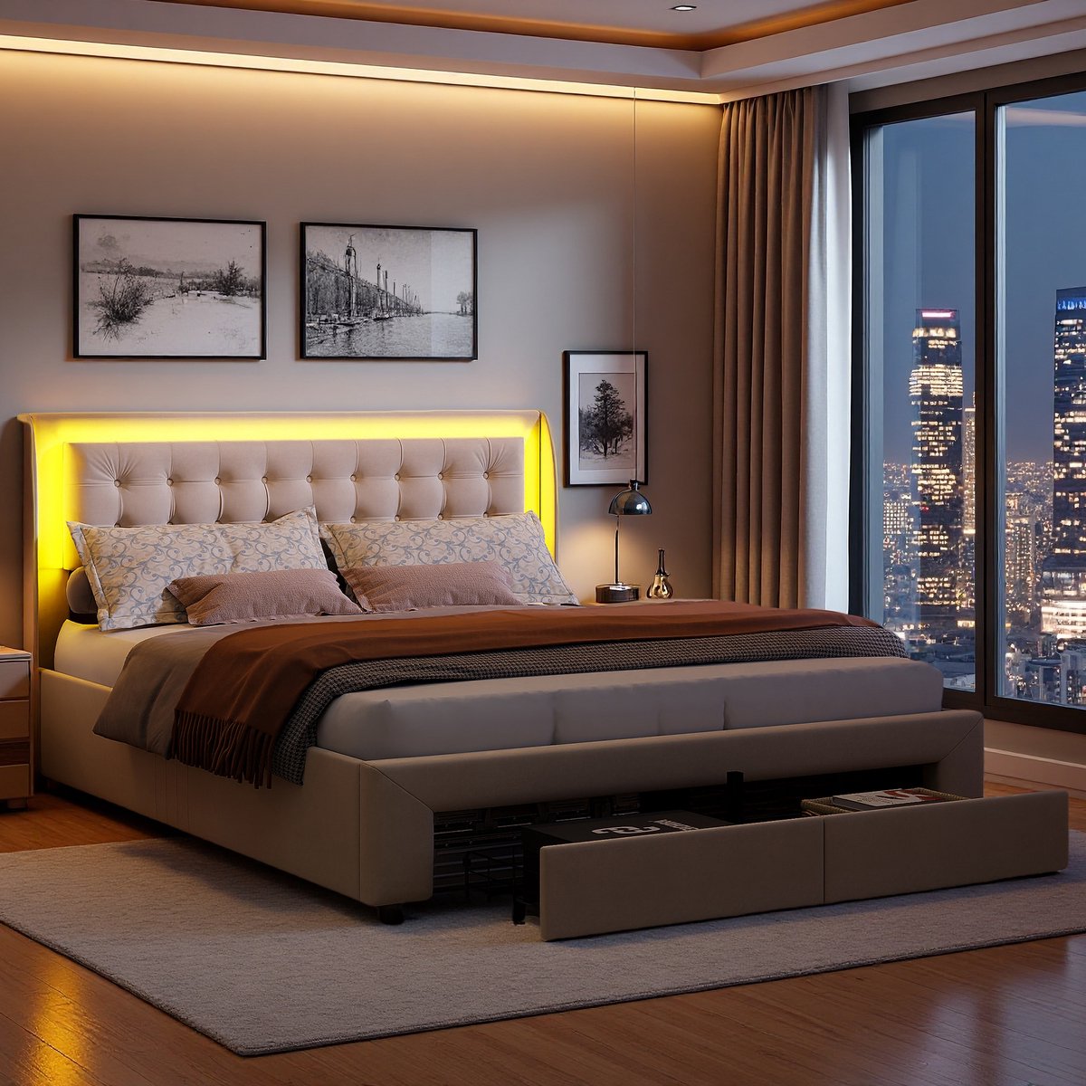 ROSAHQNDA LED tweepersoonsbed met 2 lades - hydraulisch systeem - 140x190cm - grote opbergruimte, fluweel, beige