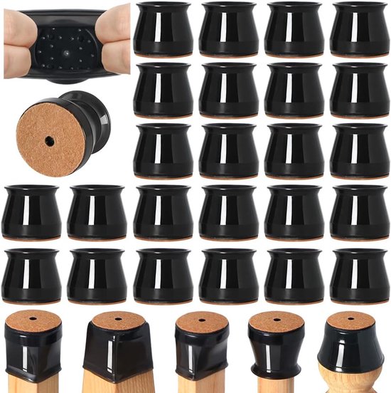 24 stuks Siliconen beschermers voor stoelpoten - Antislip en geluidsdempend vilt - Krasbestendige hoezen voor houten vloeren - Beschermt meubelpoten tegen botsingen - 38*37*35 mm - Voor bescherming van hardhouten en keramische tegelvloeren - Zwart