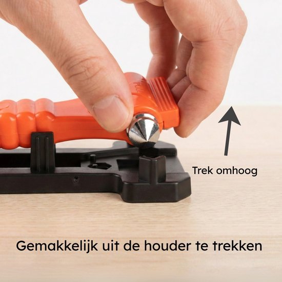 Oranje veiligheidshamer met zilveren punt, uit een zwarte houder getrokken. "Trek omhoog".