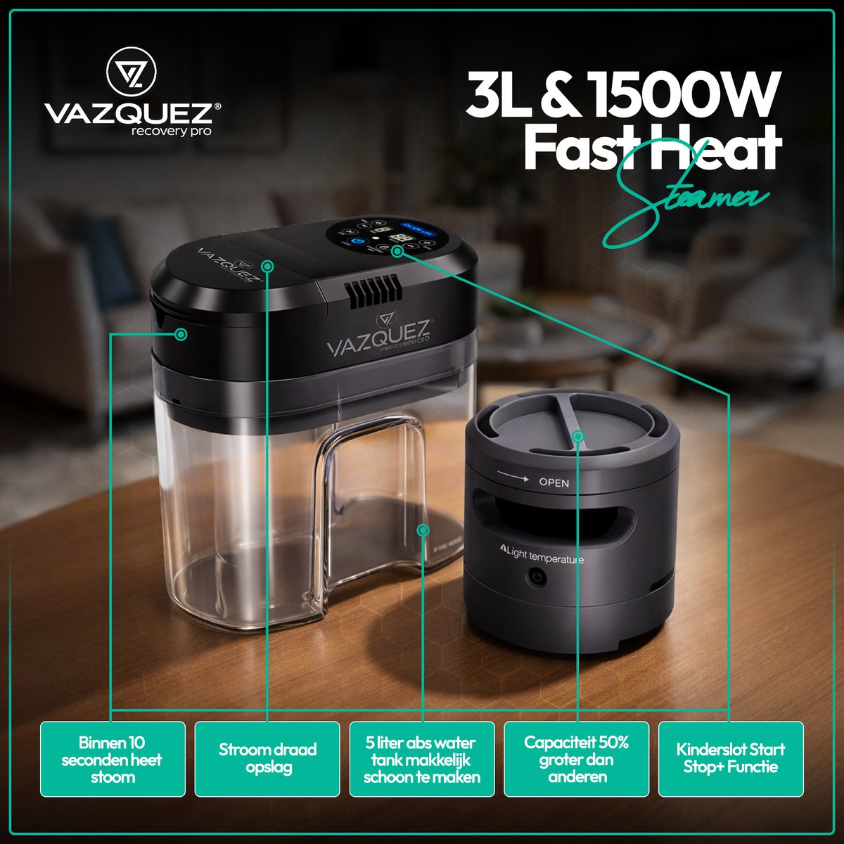 Vazquez Recovery Pro - 1500W Portable Stoomsauna met 5-laags isolatie thumbnail 3