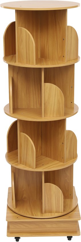 banborba Boekenkast, 360 graden draaibaar, 4 niveaus, 16 vakken, staand rek, boekenkast, boekenrek met wielen, massief hout, 46 x 46 x 142 cm (wit