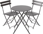 Donkergrijze inklapbare bistroset met ronde tafel en twee stoelen op witte achtergrond.