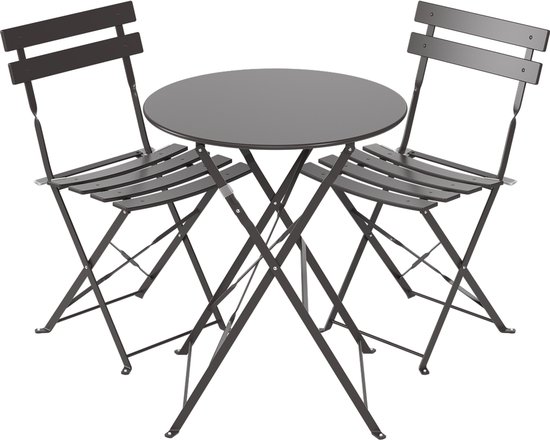 Donkergrijze inklapbare bistroset met ronde tafel en twee stoelen op witte achtergrond.
