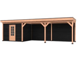 Douglas overkapping, 900 x 250, Met achterwand en schuur, Westwood DIY zwart