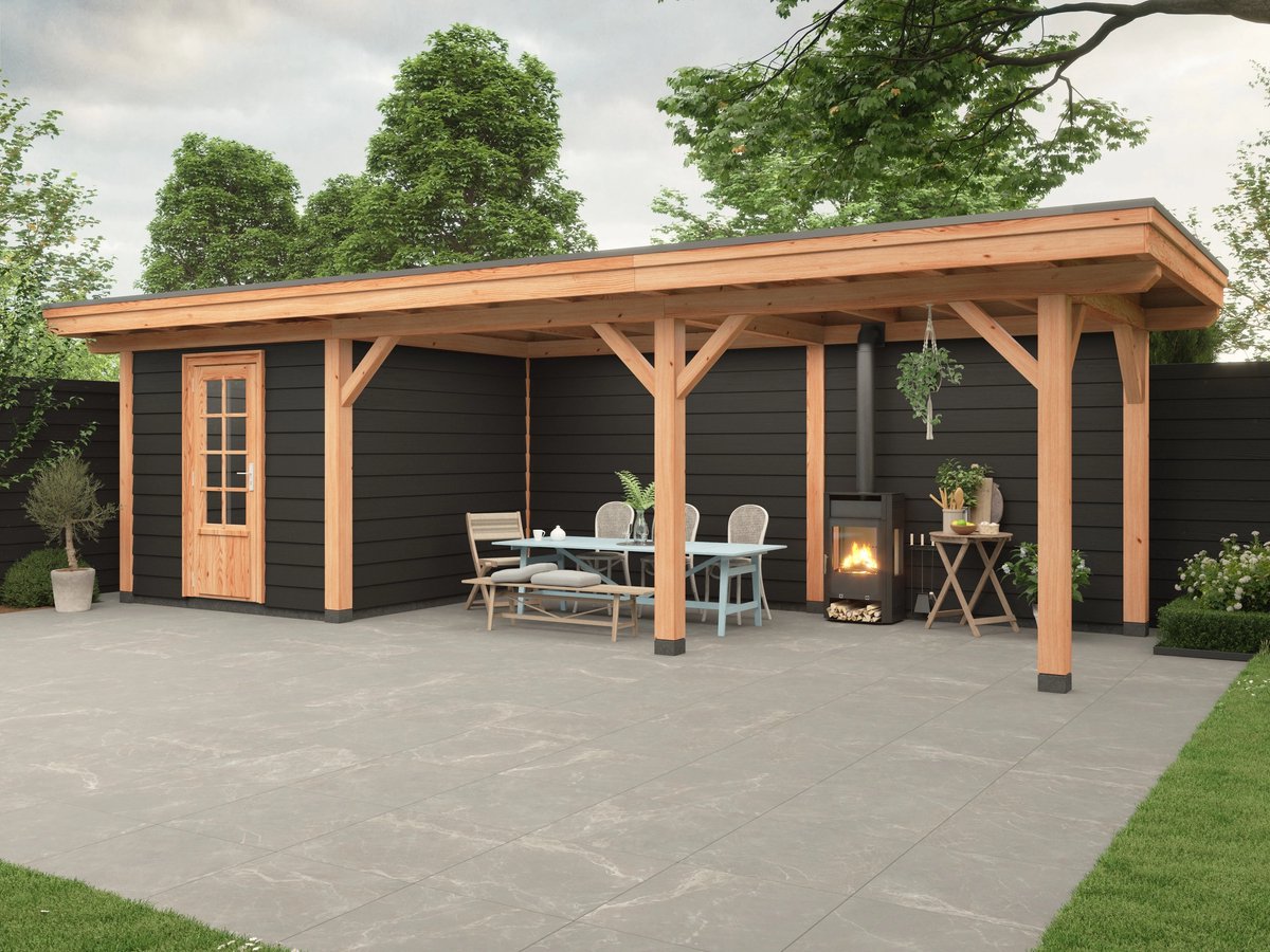 Douglas overkapping, 900 x 300, met schuur en achterwand, Westwood Vrijbuiter Basic