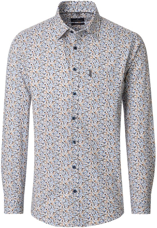 Wit overhemd met een all-over print van kleine blauwe, bruine en beige geometrische patronen. Casual fit.