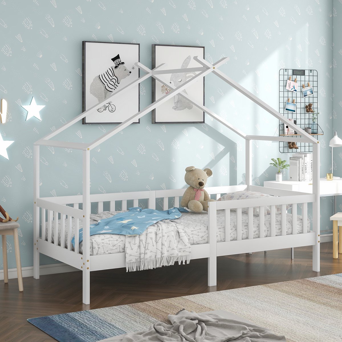 OKWISH Huisbed Kinderbed 90x200 Cm - Met Veiligheidshek En Lattenbodem - Extra Opbergruimte Onder Bed - Massief Hout - Wit