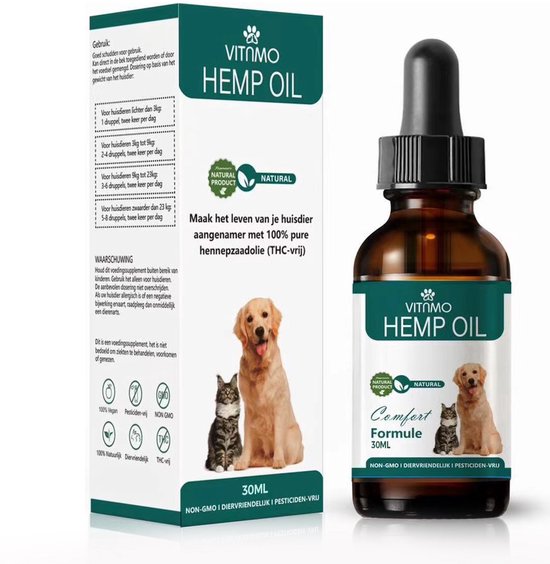 VITAMO Hennepolie – Voor Hond & Kat – Rijk aan Omega 3 & 6 – 100% Natuurlijk en Koudgeperst – 30 ml