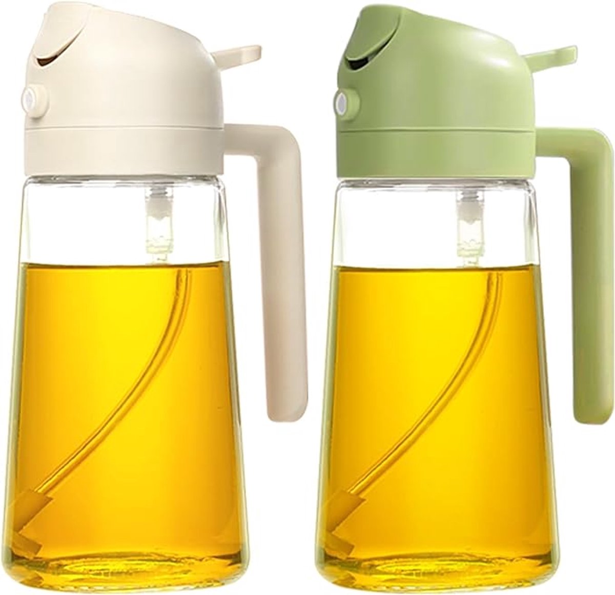 2 stuks Olijf olieverdeler, 2 in 1 Oliespuit voor koken - 16 oz/470ml glazen oliespuitfles - salade, bakken, BBQ {groen en wit})
