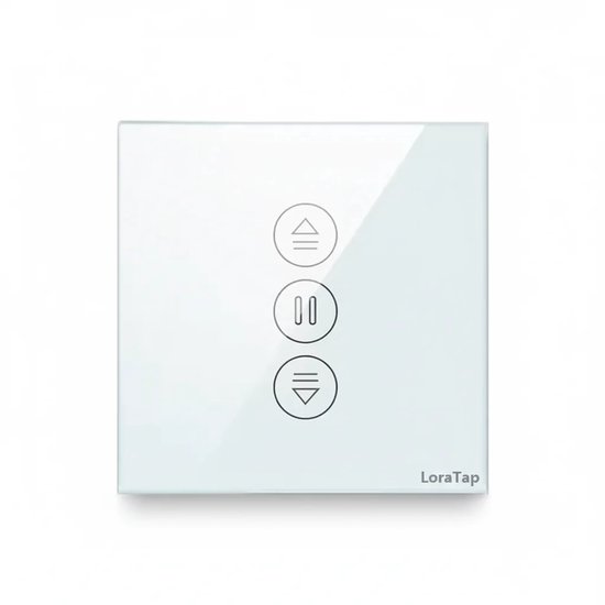 Witte LoraTap schakelaar met glasoppervlak en drie touch-knoppen: omhoog, pauze, omlaag.