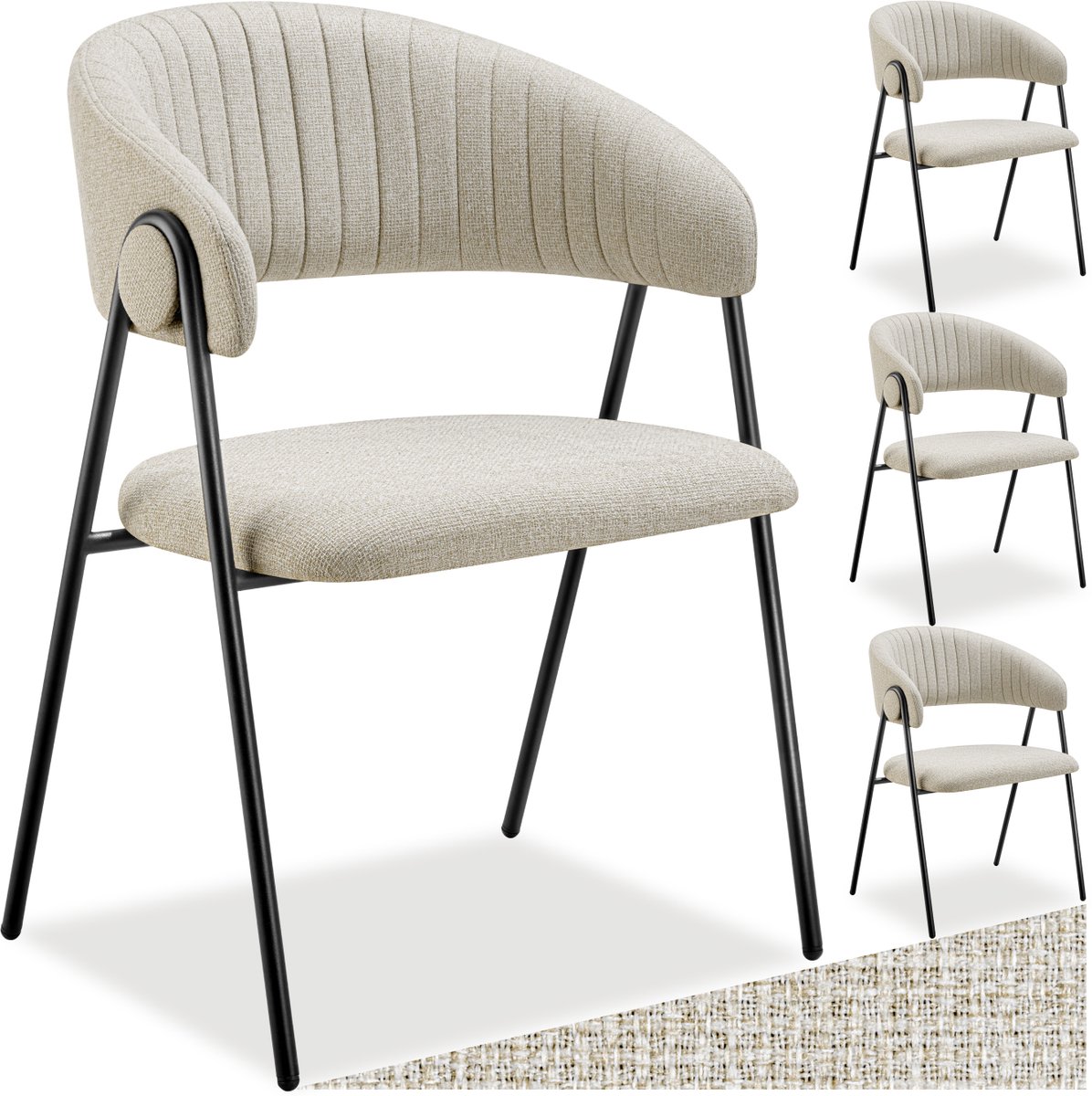 tectake® Eetkamerstoel Bedano - Gestoffeerd - Geweven stof - Set van 4 - Stijlvolle C-vormige leuning - Hoogwaardig schuim - Stabiele stalen poten - 150 kg draagkracht - Greige
