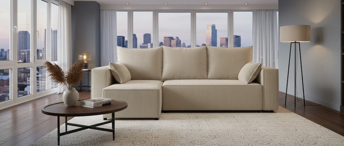 Hoekbank met slaapfunctie Tobi Luxe – L-vormige slaapbank met opbergruimte – House&Garden – 246x145 cm – Beige (Poso 100)