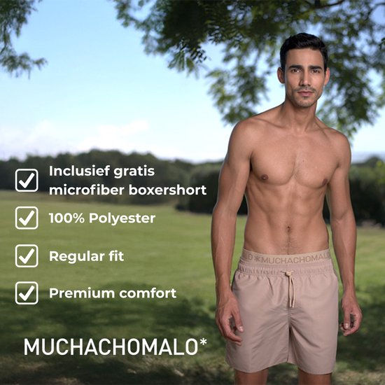 Man in een zandkleurige zwembroek met trekkoord en een groene 'Muchachomalo' tailleband. Links staan checklist items.