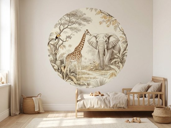 Little Livo - Muursticker Rond bébé/chambre d'enfant - Muursticker Animaux de la jungle - 120 cm x 120 cm - PVC Autocollant - Décoration Murale