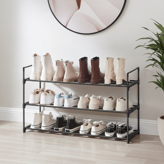 ACAZA Schoenenrek - Schoenenkast - 3 Lagen - Voor 12 paar schoenen - 92 x 30 x 54 cm - Metaal - Zwart