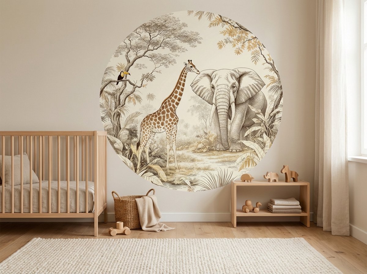 Little Livo Ronde Muursticker Jungledieren – Muurdecoratie Baby- & Kinderkamer – Ø120 cm – Zelfklevend PVC