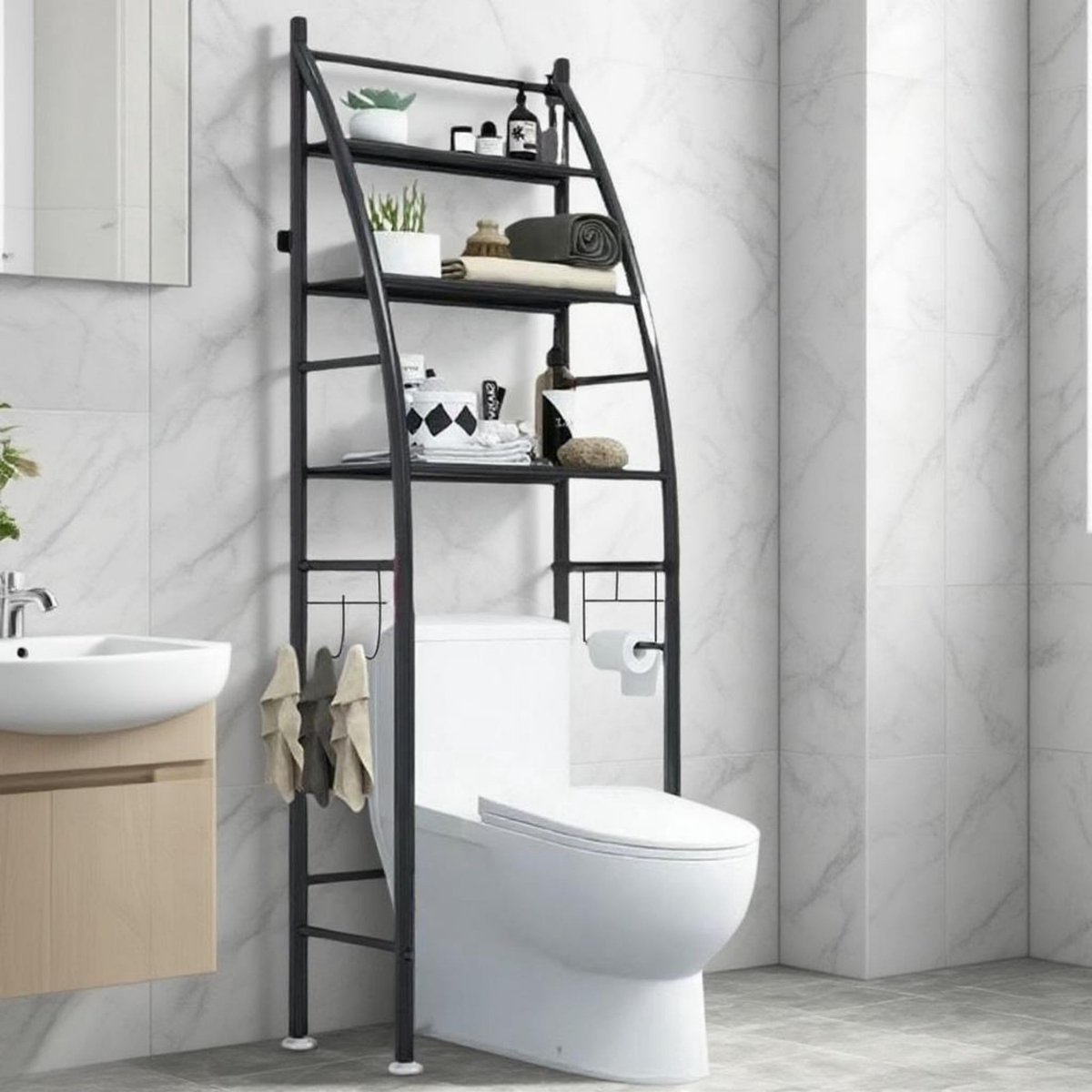 CHIWIN Badkamer Rek Boven Toilet – Staand WC Rek Met 3 Planken En 3 Haken – Metalen Badkamer Opbergrek – Zonder Boren – Ruimtebesparend 166 × 50 cm