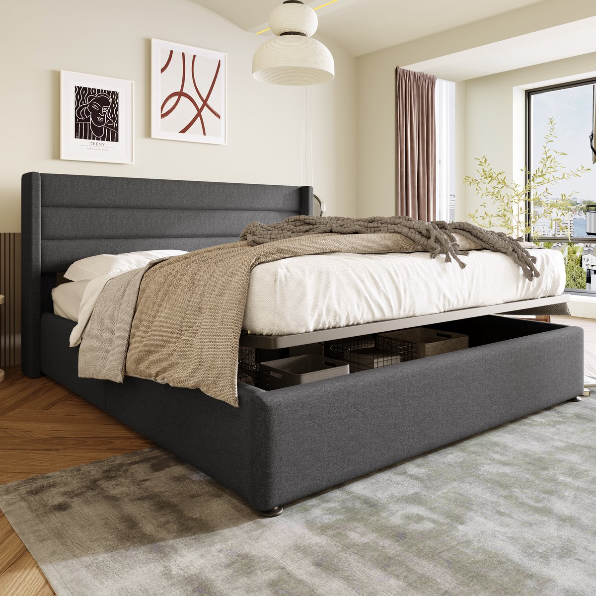 MODFU Bedframe 140x200 cm – Met hydraulische opbergruimte – Gestoffeerd in grijs linnen – Incl. lattenbodem