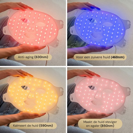 Vier opnames van een wit LED gezichtsmasker dat rood (anti-aging), blauw (zuivere huid), geel (kalmeert) en roze (steviger) licht uitzendt.