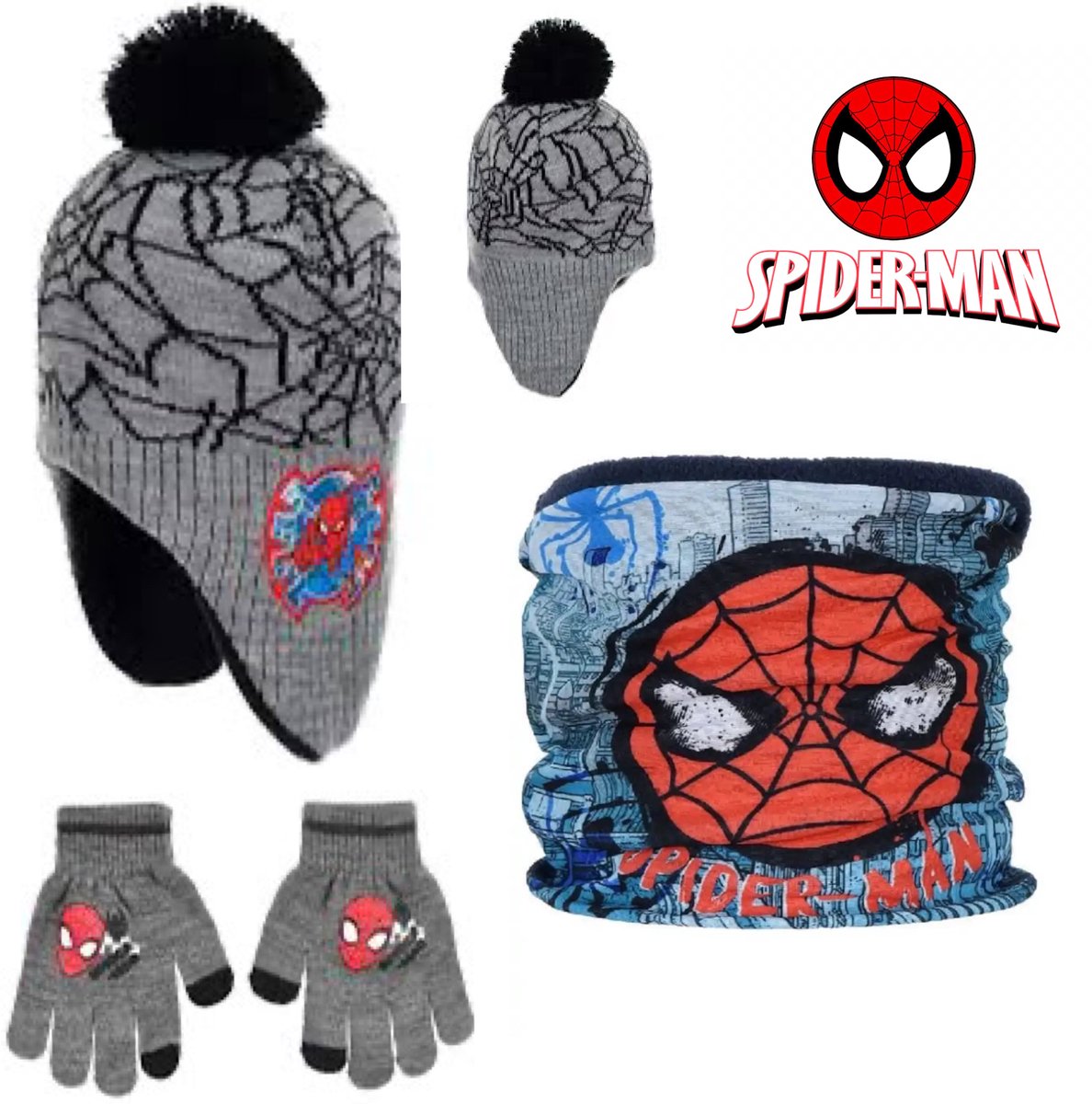 Marvel Spiderman Set - 3 Delig - Muts + Nekwarmer + Touchscreen Handschoenen - Grijs/Zwart - Maat 52 cm hoofdomtrek - ± 2-4 jaar