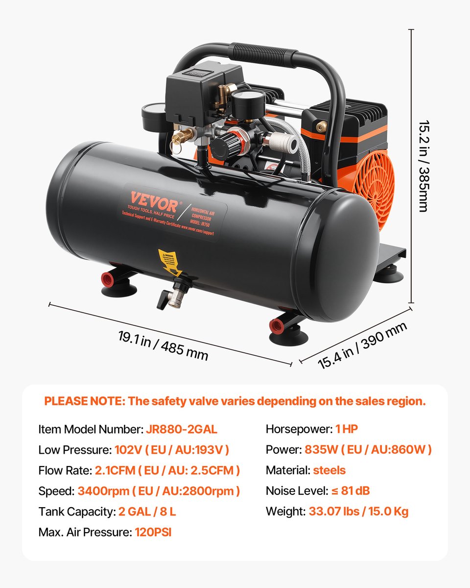 VEVOR Compressor 8l Luchtcompressor 120psi Perslucht 860w Fluistercompressor – foto 3