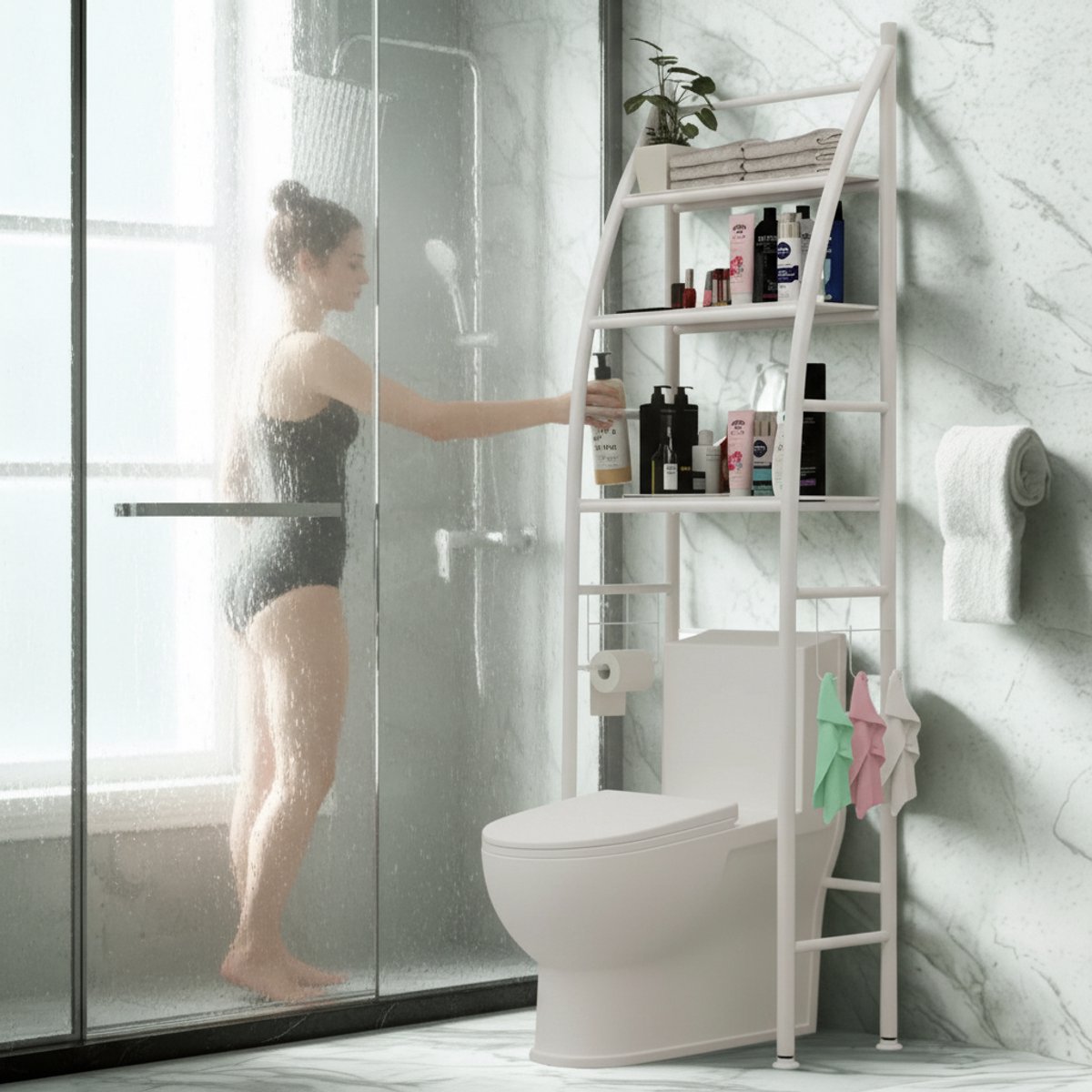 CHIWIN Badkamerrek Metalen WC-Rek – 3-Laags Toiletrek Met Haken – Staand Badkamerrek 166×50 cm