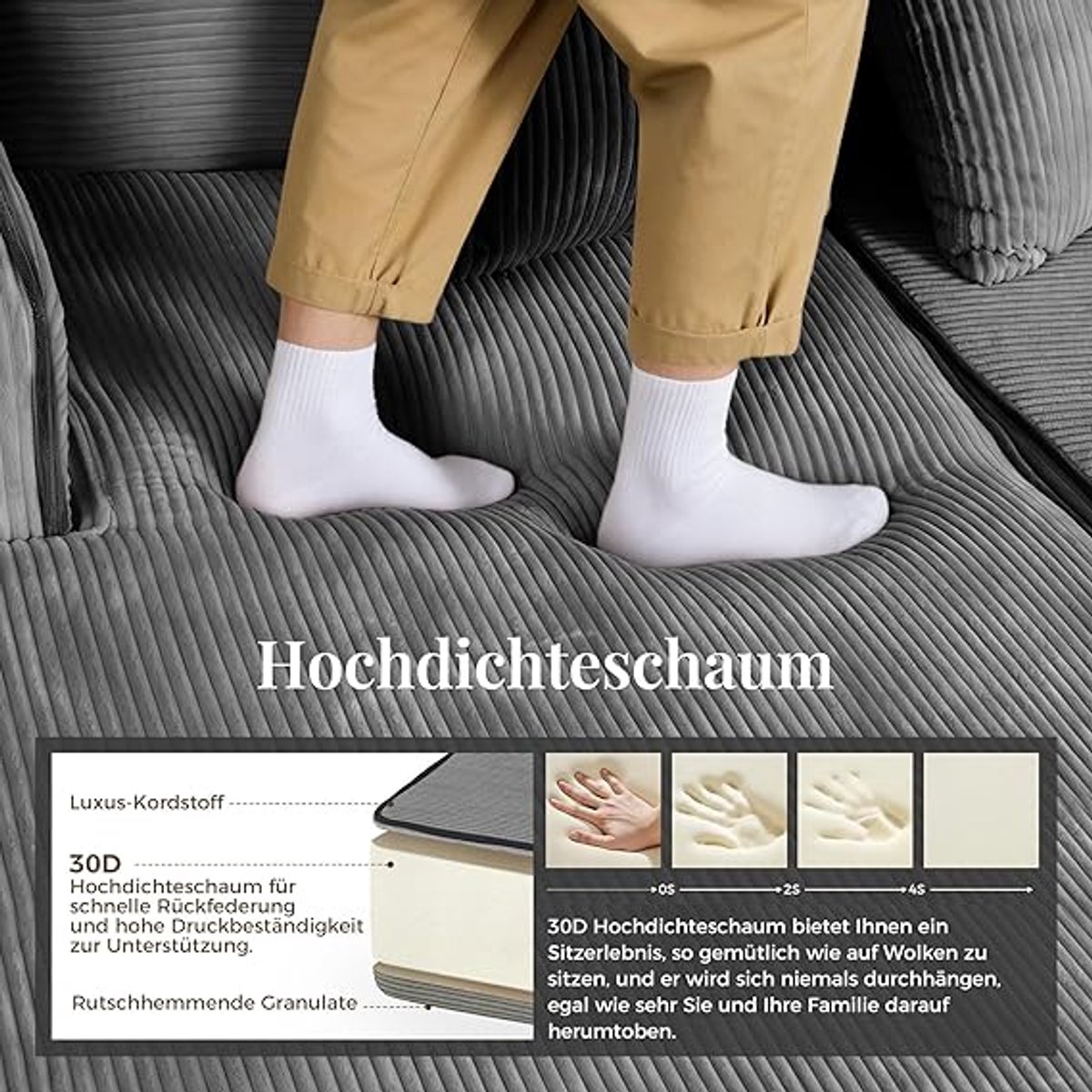 Modulaire U-Vormige Cloud Hoekbank 165x340x65 cm – Frameloze Boneless Sofa met Diepe Zitting, 6 Sierkussens, Corduroy Grijs – Pauwhome