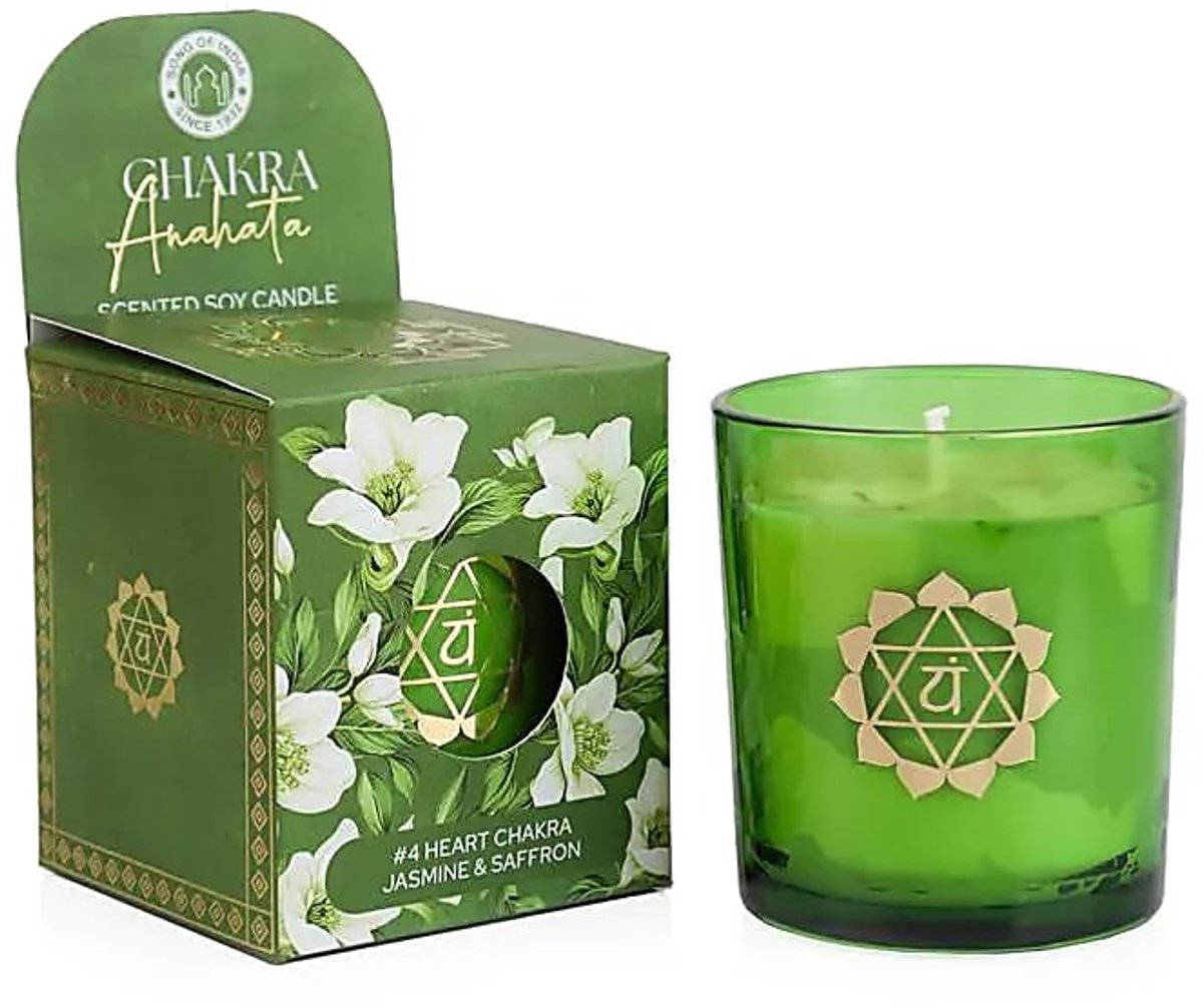 Phoenix Import Mani Bhadra Soja geurkaars Anahata chakra jasmijn & saffraan – Ø7 cm x 8 cm groen