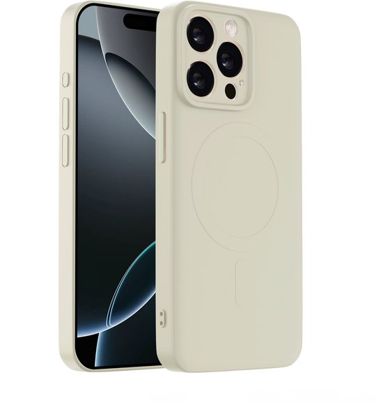 Coque en silicone beige avec cercle MagSafe sur un iPhone 15 Pro Max.