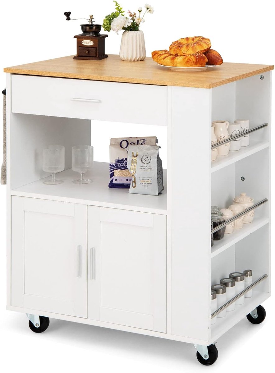 KOMFOTTEU Serveerwagen met werkblad en dubbele deurkast, serveerwagen met 4 wielen, centraal keukeneiland, met kruidenhouder en open rek, 82 x 50 x 92 cm (wit)